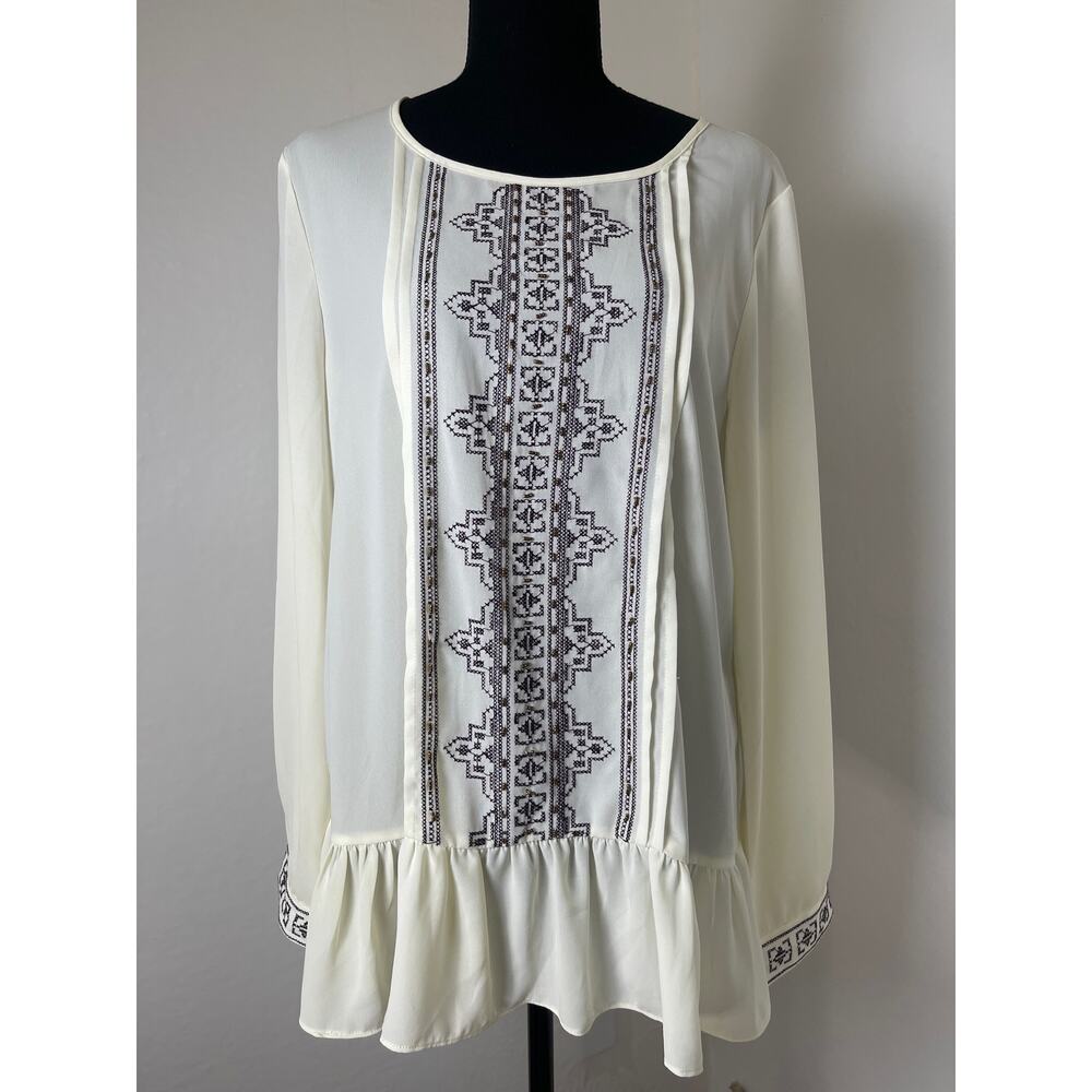 KLD Signature Women's Ruffle Hem Sequin Beaded Embroidered Sheer Blouses Cream L